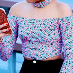 Vintage Long sleeve multi color off the shoulder crop top